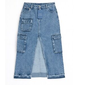 JLUXLABEL Blue Denim Midi Skirt Size Large